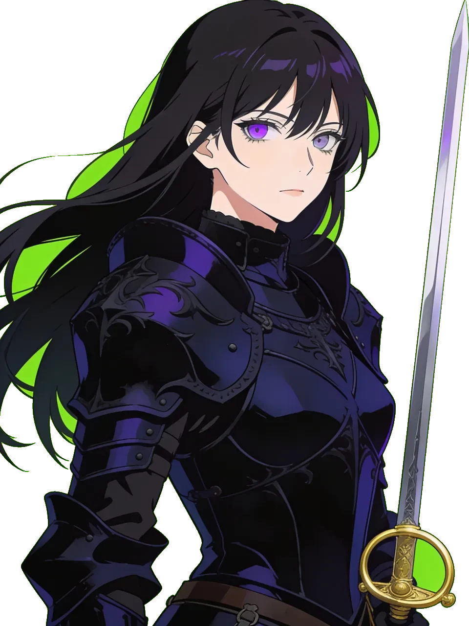 Saint Knight Kaelen Vespera in dark plate armor with golden ring-hilted rapier